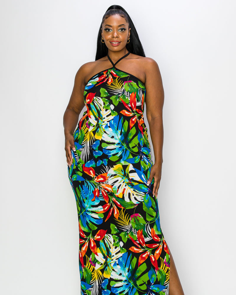 Front of a model wearing a size 1X Kehlani Halter Neck Maxi Dress in Black/Green/Org by L I V D. | dia_product_style_image_id:241537
